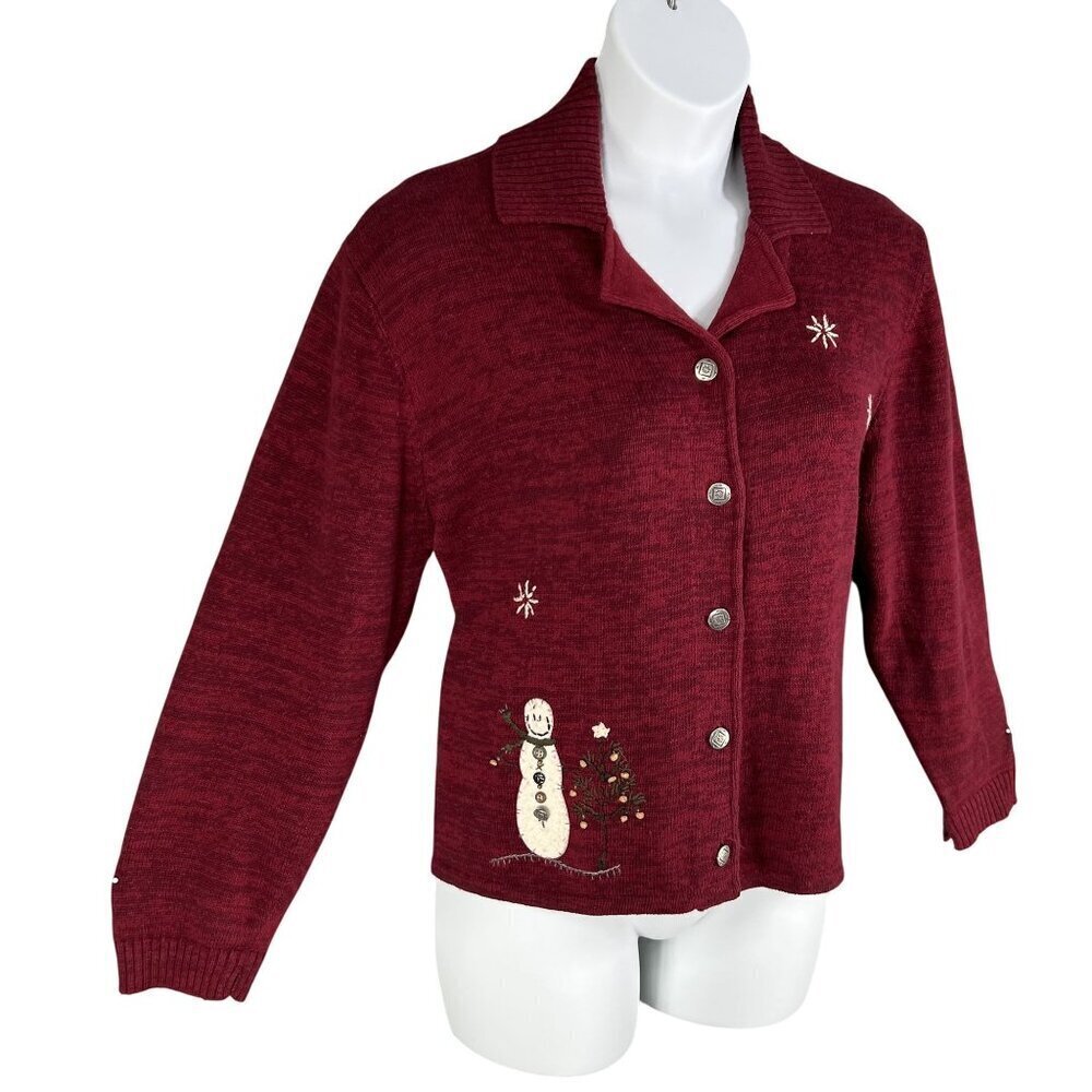 Woolrich Women XL Red Snowman Embroidered Button Cardigan Christmas Tree Sweater